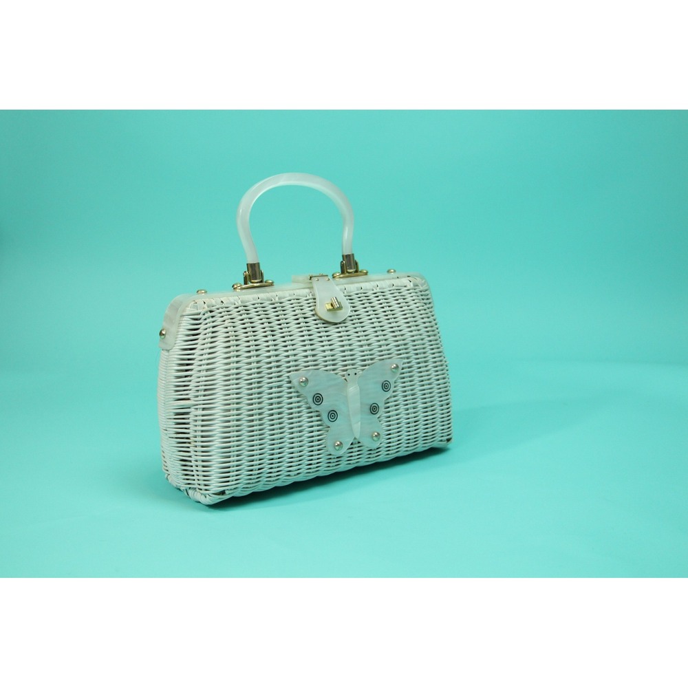 Vintage 1950s 60s White Wicker Butterfly Handbag Lucite Handle Mid-Century Bag